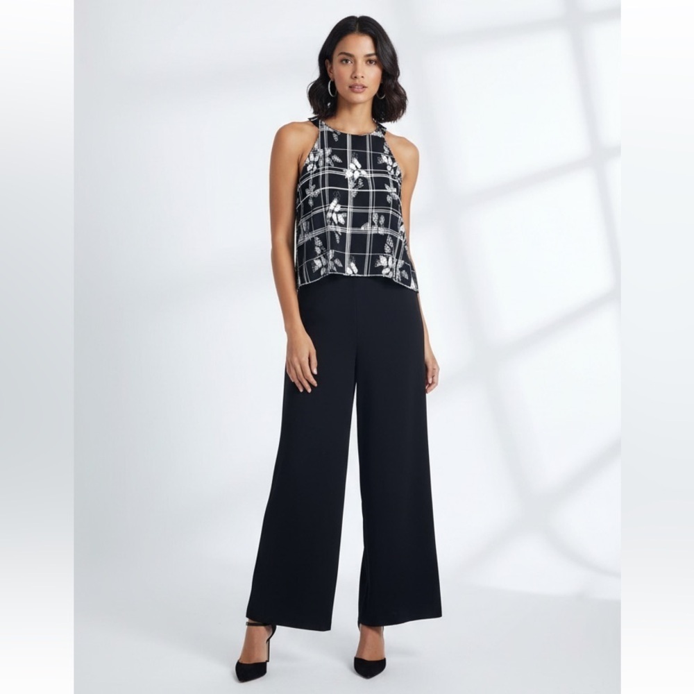 NWT Cynthia Rowley Black Plaid Tribal Floral Print Sz 6 Office Formal Jumpsuit